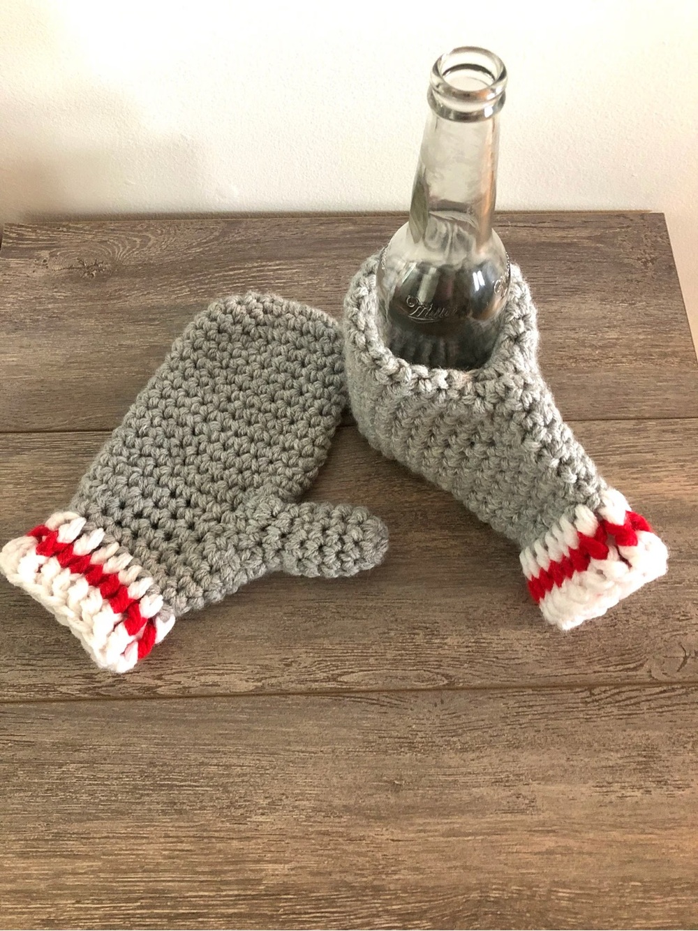 Handcrafted Gray Crochet Drink Holder Mittens with White & Red Trim